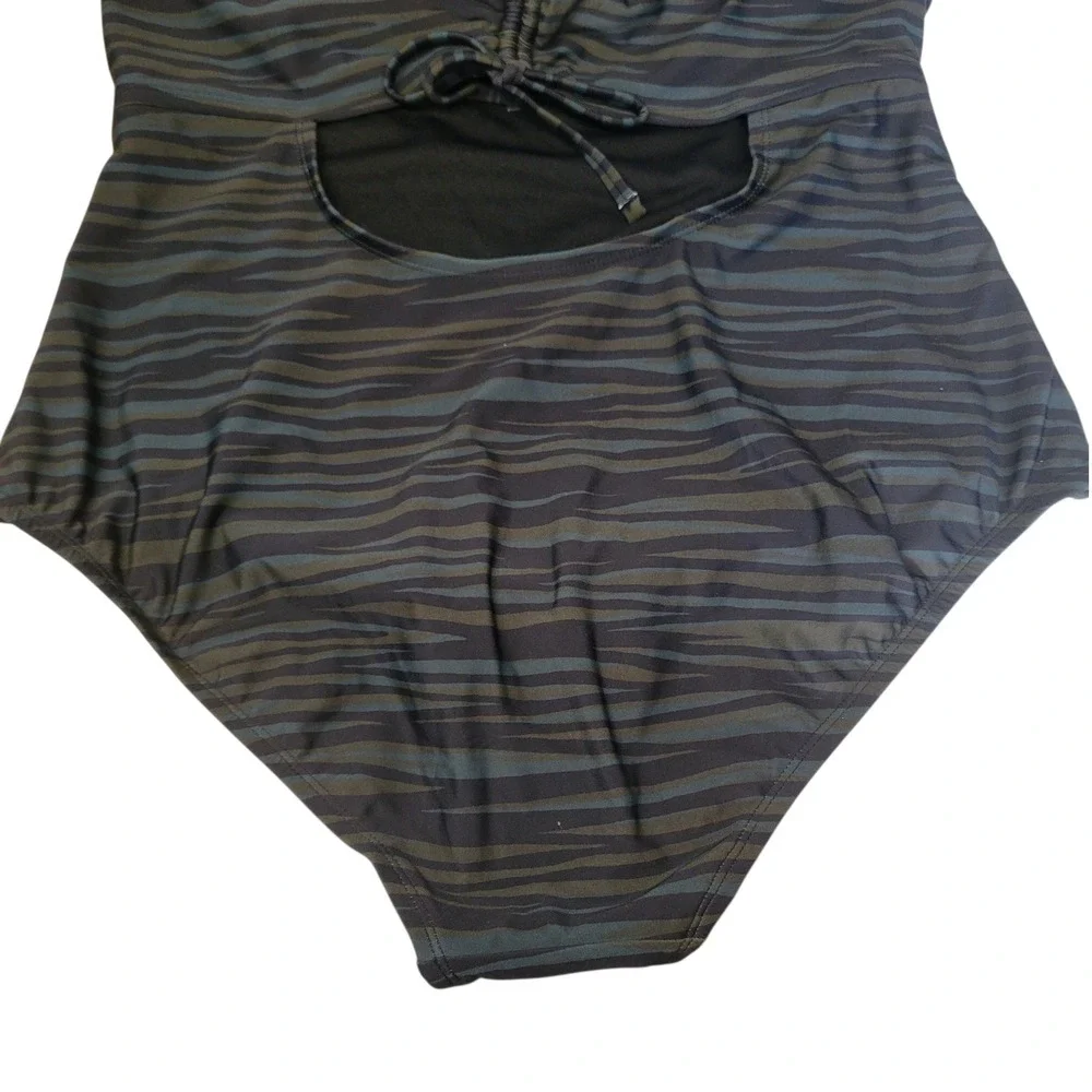 Kona Sol Womens XL Medium Coverage One Piece Swimsuit Grey Green Zebra Print NWT